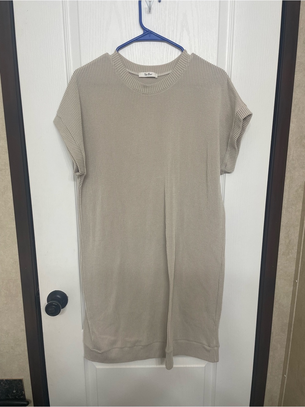 Ribbed Short Sleeve Tunic Top in Beige